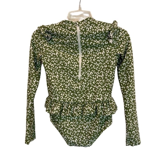 Ruffle Girl Green Cheetah Print Longsleeve Swimsuit - Picture 2 of 4